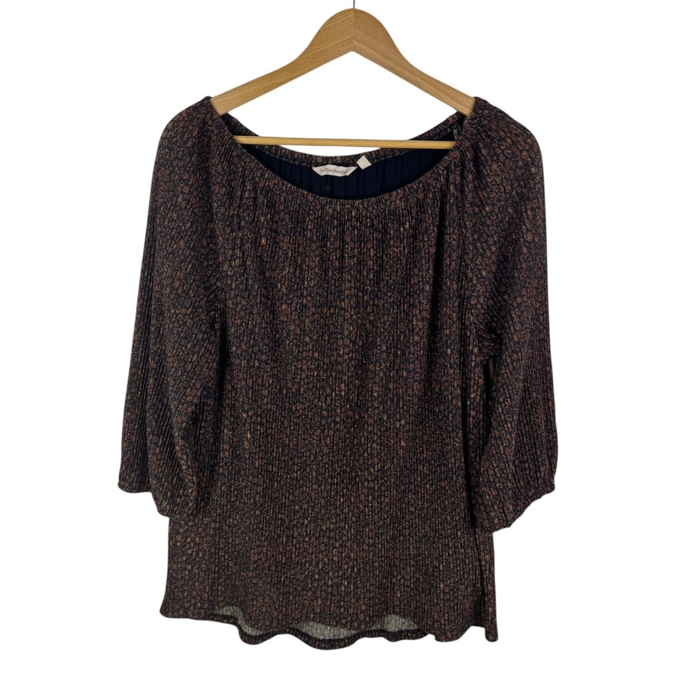 Soft‎ Surroundings Animal Print Metallic Pleated Blouse Medium Boho Fall Shimmer